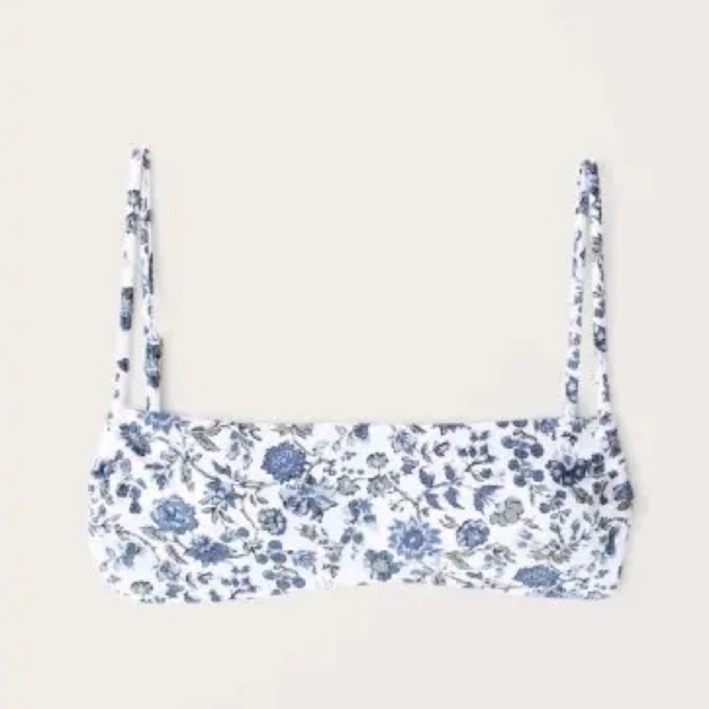 Abercrombie & Fitch White Floral Bikini Top with Blue Print